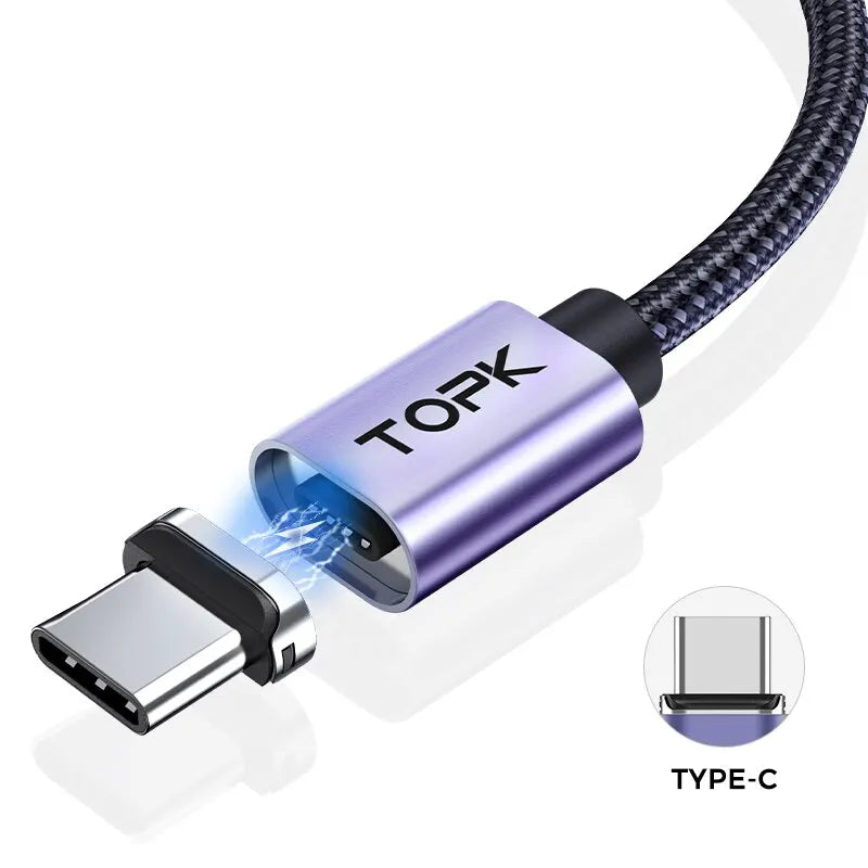 TOPK Magnetic Charging Cable 3A Micro USB Type C Cable with Led Light Magnet Phone Charger Cord for iPhone Android Devices - HappyHive