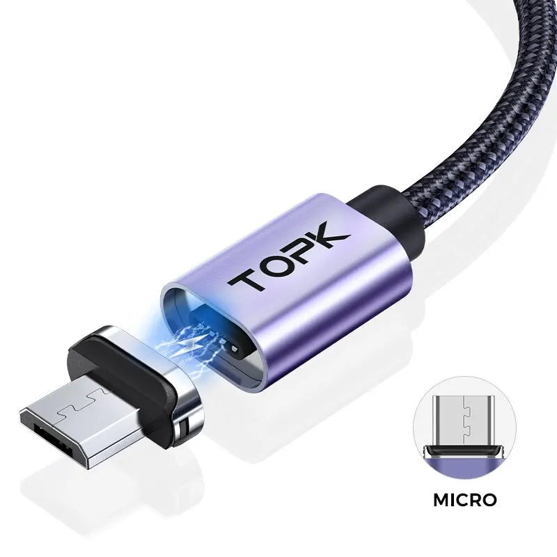 TOPK Magnetic Charging Cable 3A Micro USB Type C Cable with Led Light Magnet Phone Charger Cord for iPhone Android Devices - HappyHive