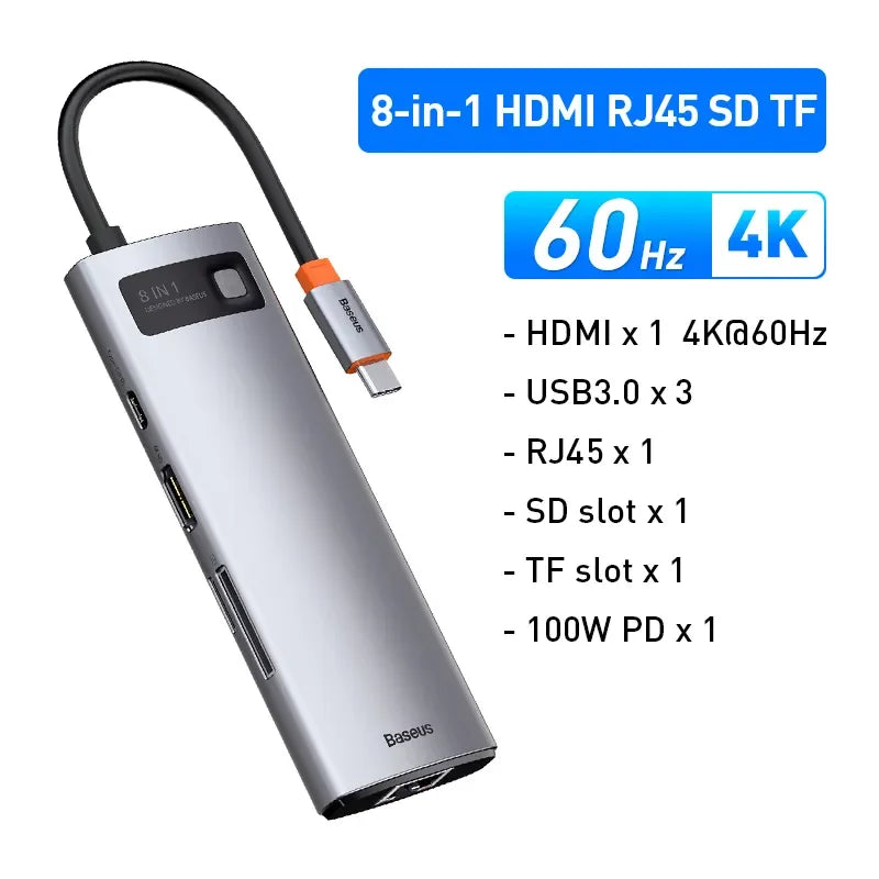 Baseus 4K 60Hz USB C Hub Type C to Ethernet Port PD 100W Adapter for Macbook Pro USB 3.0 Hub Laptop Tablet Accessories - HappyHive