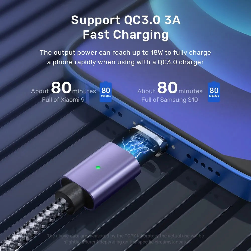 TOPK Magnetic Charging Cable 3A Micro USB Type C Cable with Led Light Magnet Phone Charger Cord for iPhone Android Devices - HappyHive