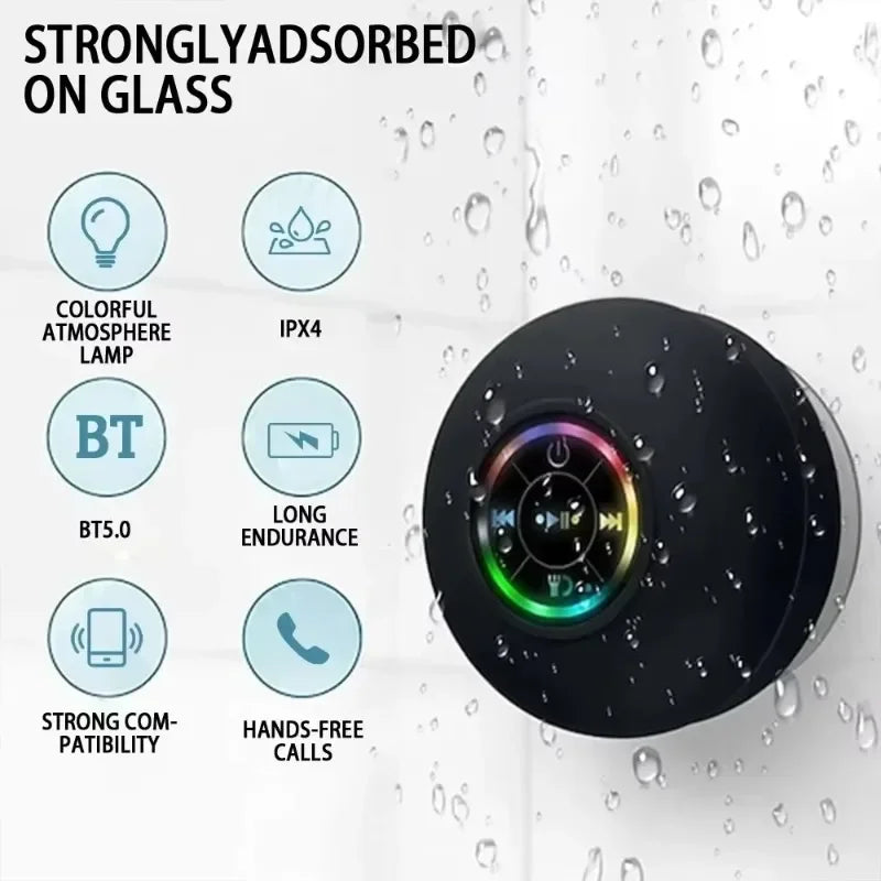 Mini Portable Bluetooth Audio IPX4 Waterproof Led Lights Bathroom Outdoor Large Suction Cup Can Be Adsorbed Wall Speaker - HappyHive