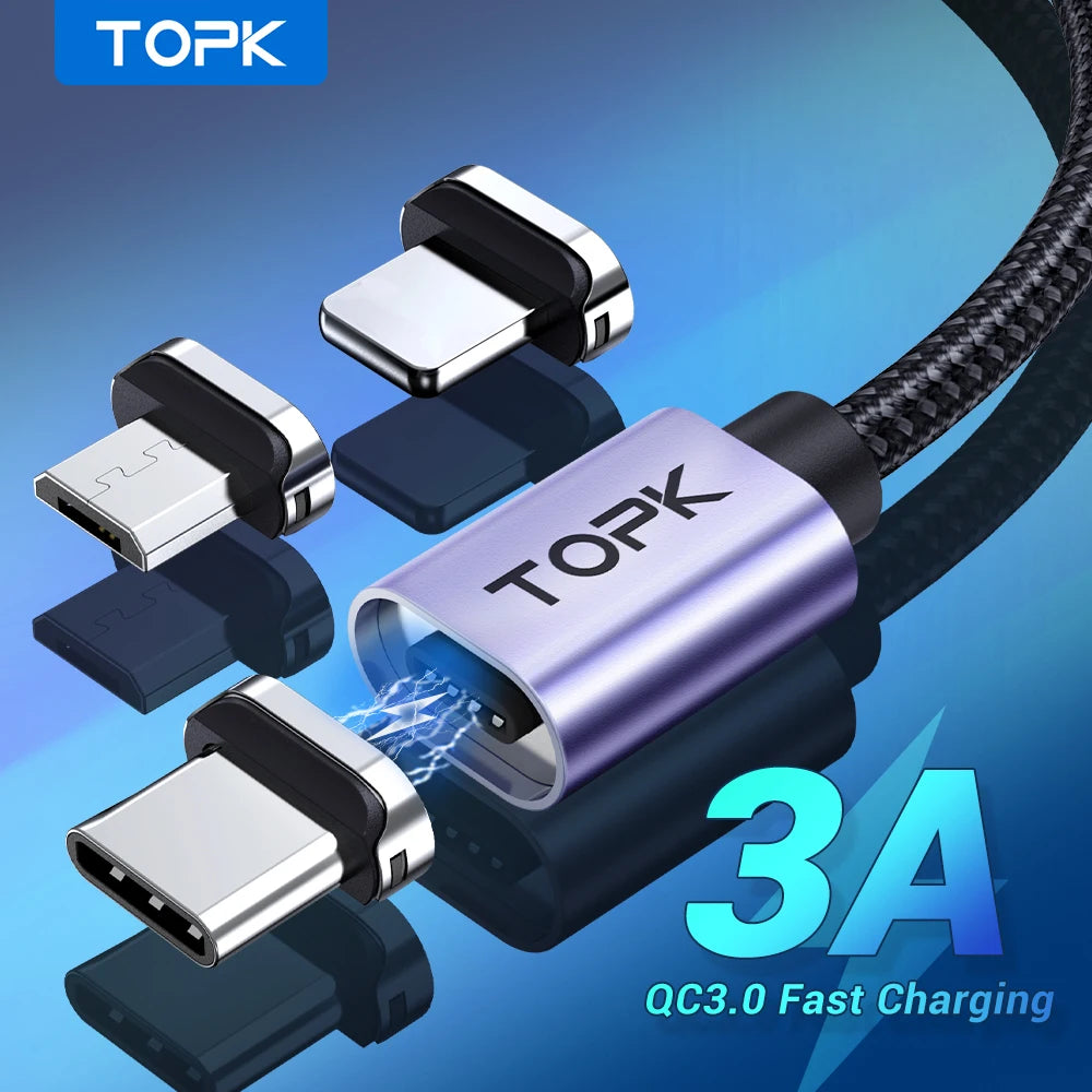 TOPK Magnetic Charging Cable 3A Micro USB Type C Cable with Led Light Magnet Phone Charger Cord for iPhone Android Devices - HappyHive